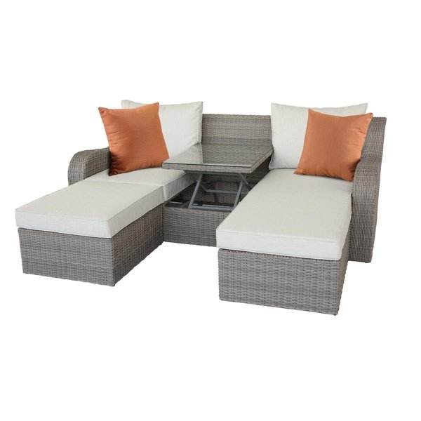 Home Roots Patio Sectional & Ottoman Set in Beige Fabric & Gray - 3 Piece, 3PK 318796